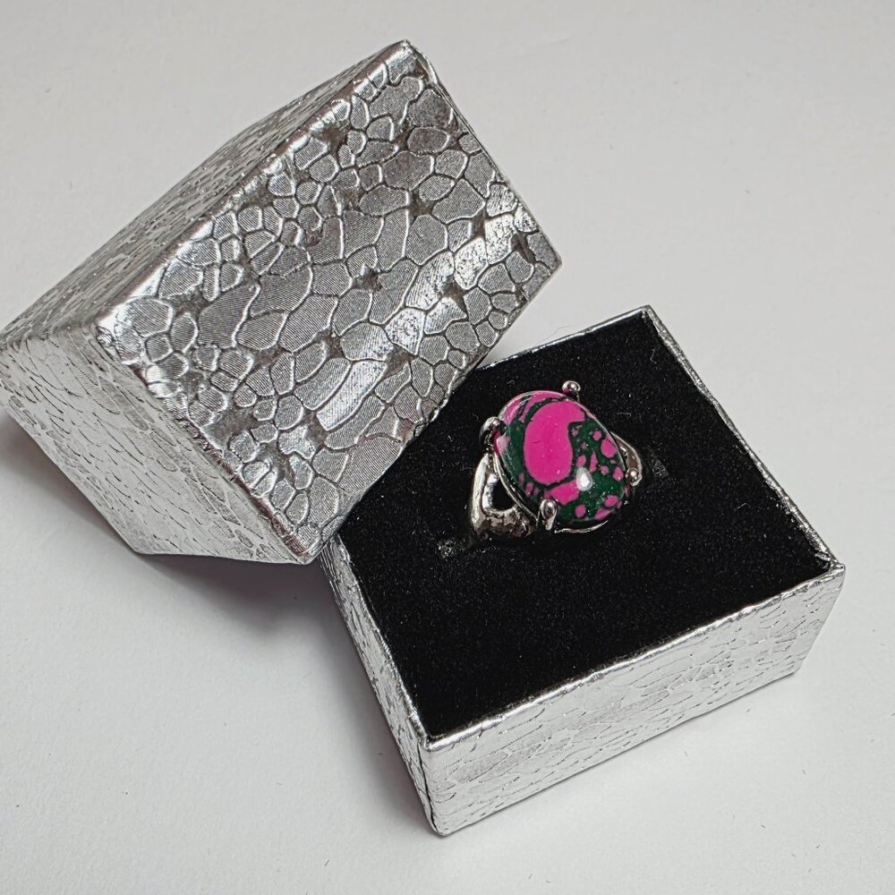 Pink and Green Stone Statement Ring Silver Tone | EU 19 (US 9)